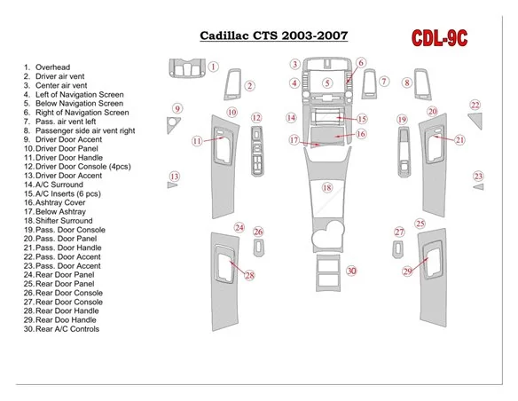 Cadillac CTS 2003-2007 Kompletná sada, s NAVI, s výplňami dverí Interiér BD Dash Trim Kit - 1