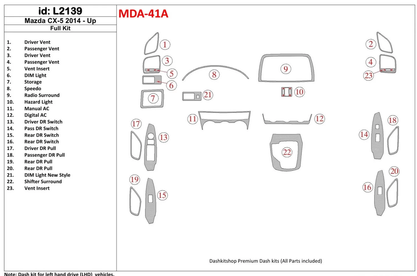Mazda CX-5 2014-UP Kompletná súprava vnútorného obloženia palubnej dosky BD - 1