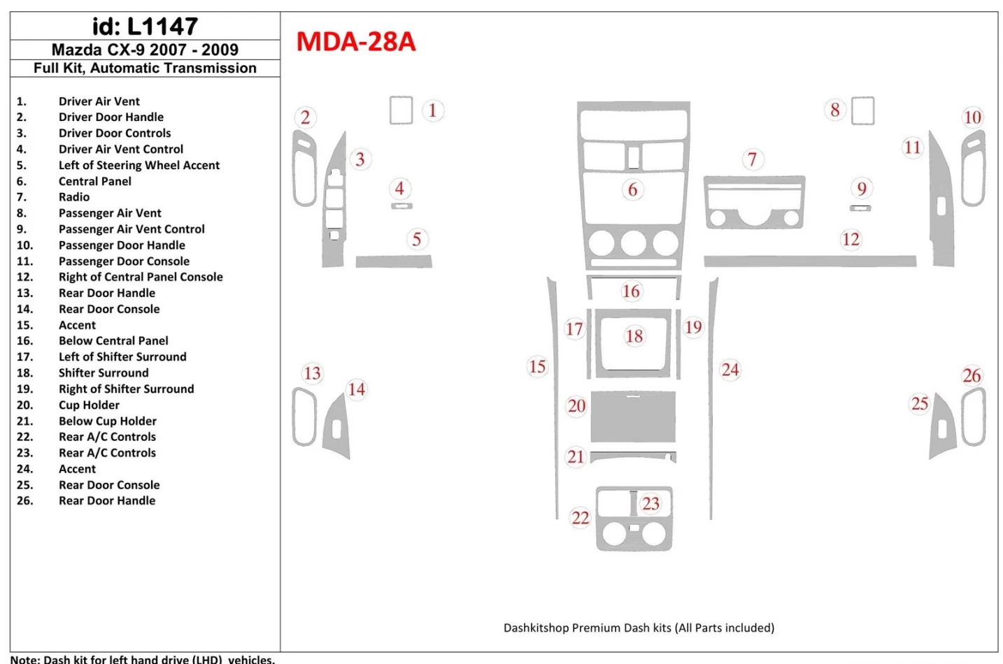 Mazda CX9 2007-2009 Kompletná sada, súprava interiéru automatickej prevodovky BD - 1