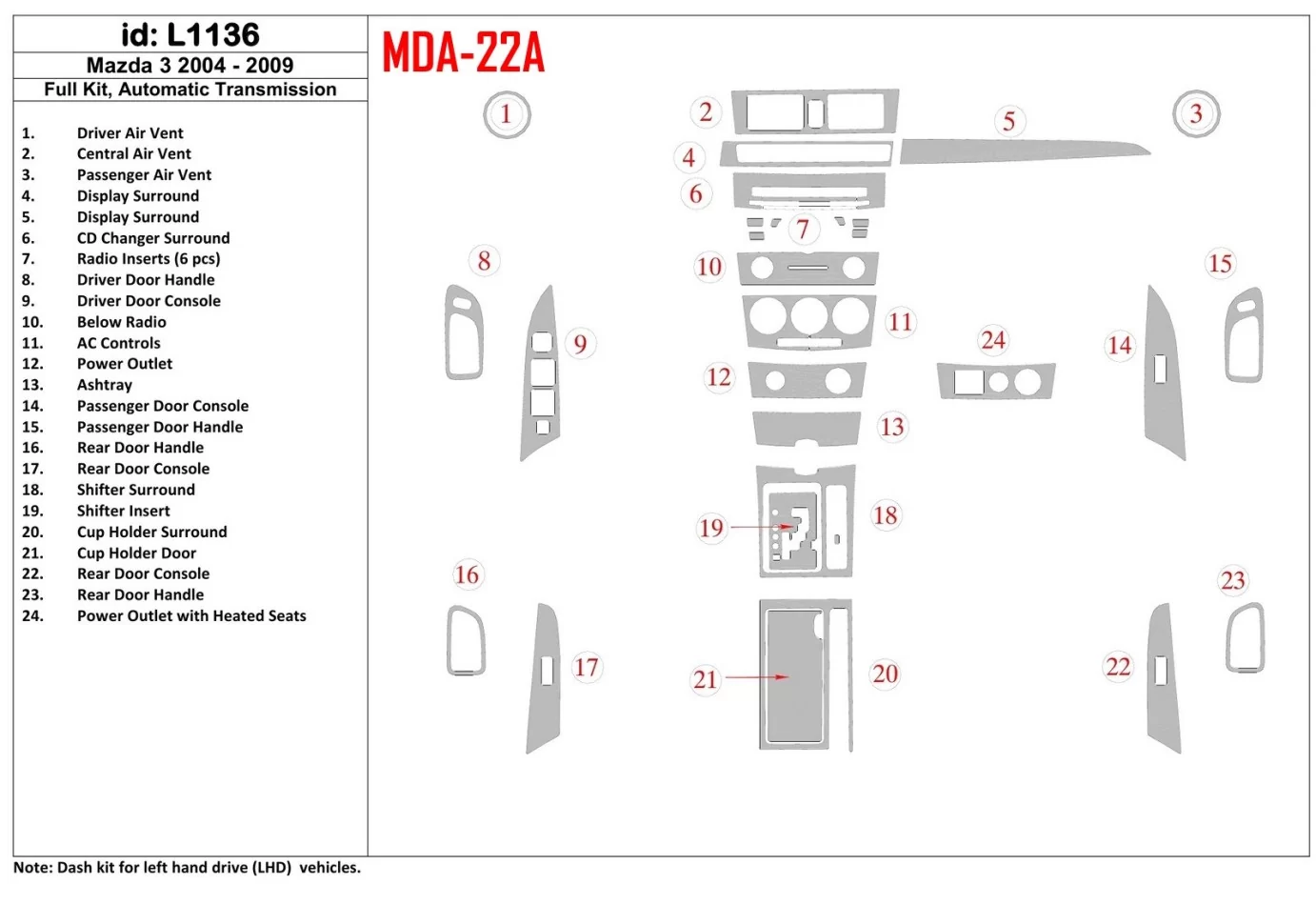 Mazda Mazda3 2004-2009 Automatická prevodovka, s NAVI interiérom BD Dash Trim Kit - 1