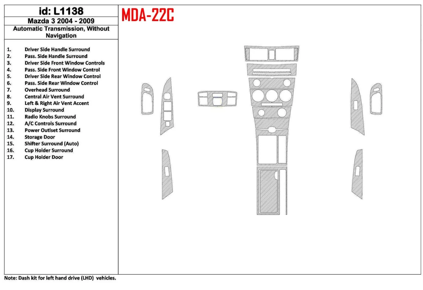 Mazda Mazda3 2004-2009 Automatická prevodovka, bez súpravy NAVI interiéru BD Dash Trim Kit - 1