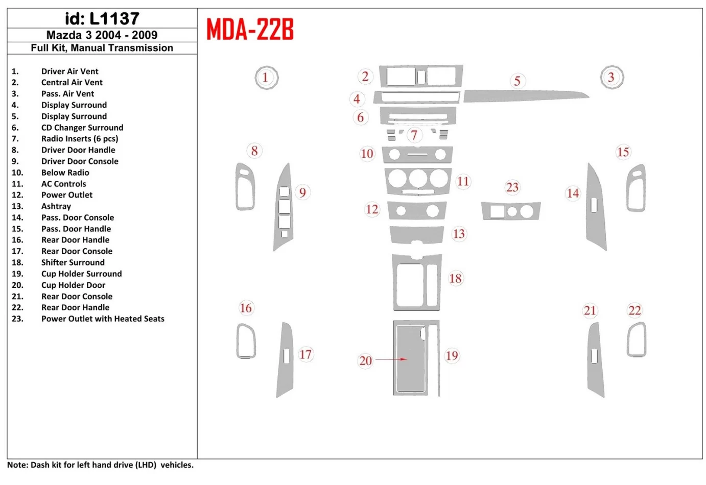 Mazda Mazda3 2004-2009 manuálna prevodovka, s NAVI interiérom BD Dash Trim Kit - 1