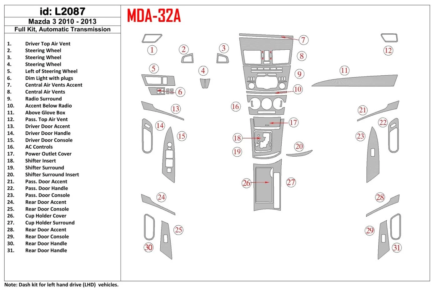 Mazda Mazda3 2010-2013 Kompletná sada, súprava interiéru automatickej prevodovky BD - 1