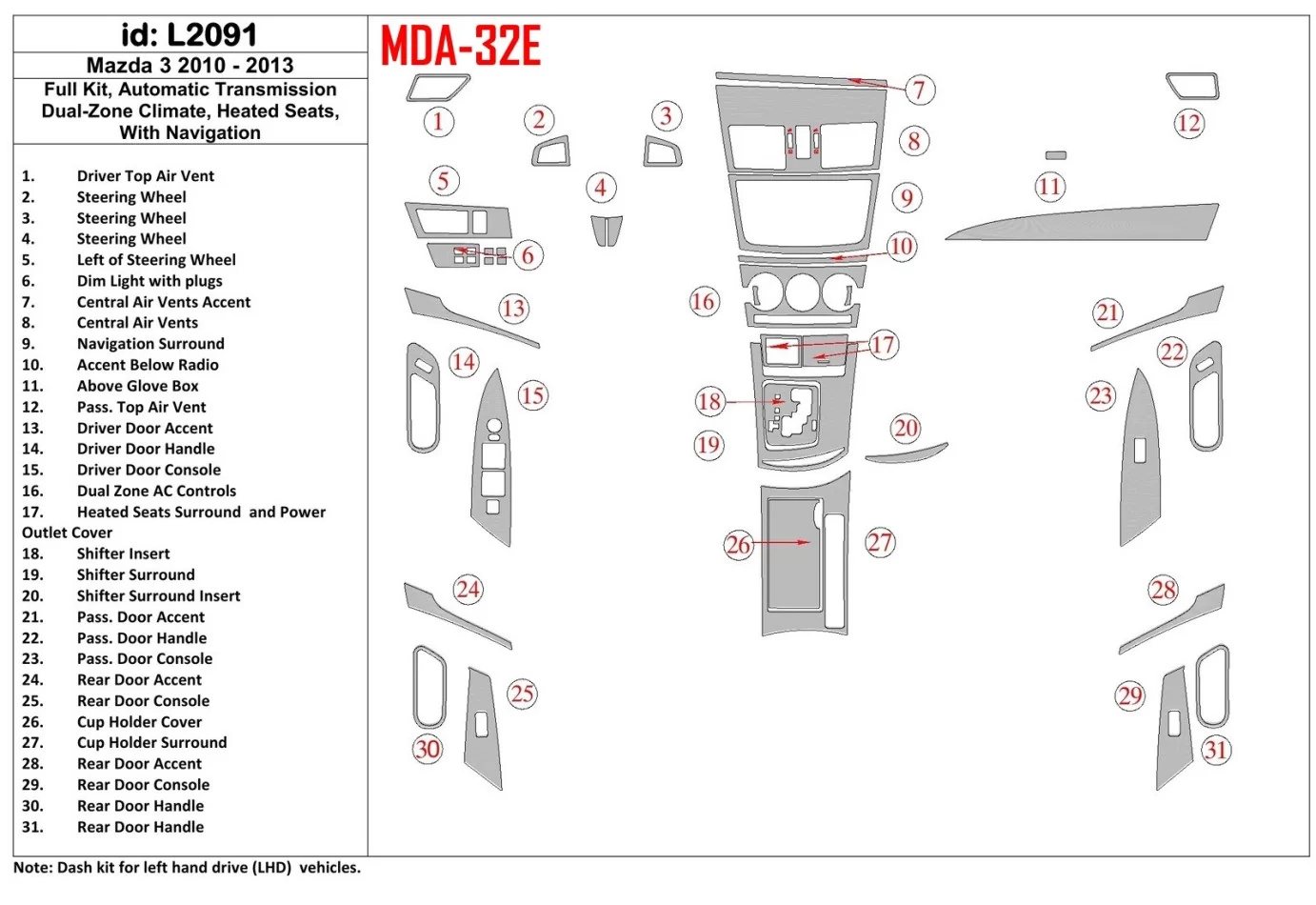 Mazda Mazda3 2010-2013 Kompletná sada, automatická prevodovka, dvojzónová klimatizácia, vyhrievané sedadlá, s NAVI interiérom BD