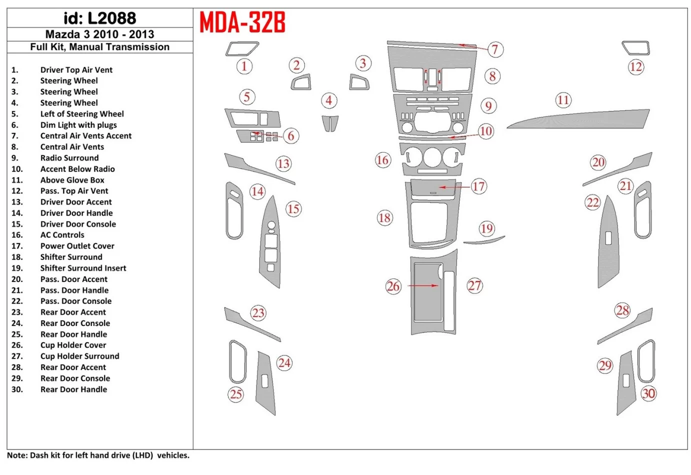 Mazda Mazda3 2010-2013 Kompletná sada, interiér manuálnej prevodovky BD Súprava obloženia palubnej dosky - 1