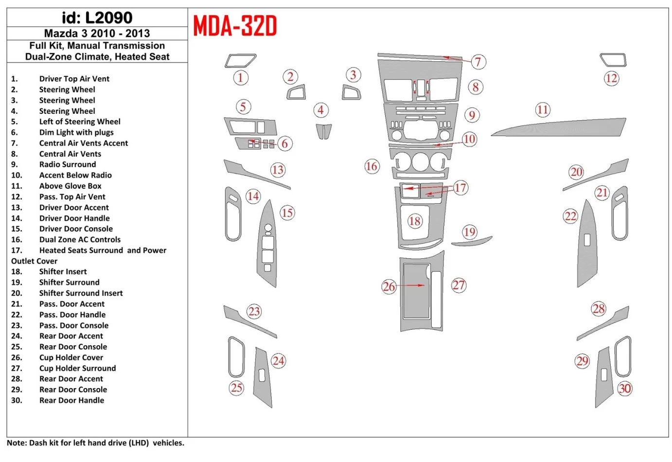 Mazda Mazda3 2010-2013 Kompletná sada, manuálna prevodovka, dvojzónová klimatizácia, vyhrievané sedadlá interiér BD Dash Trim Ki