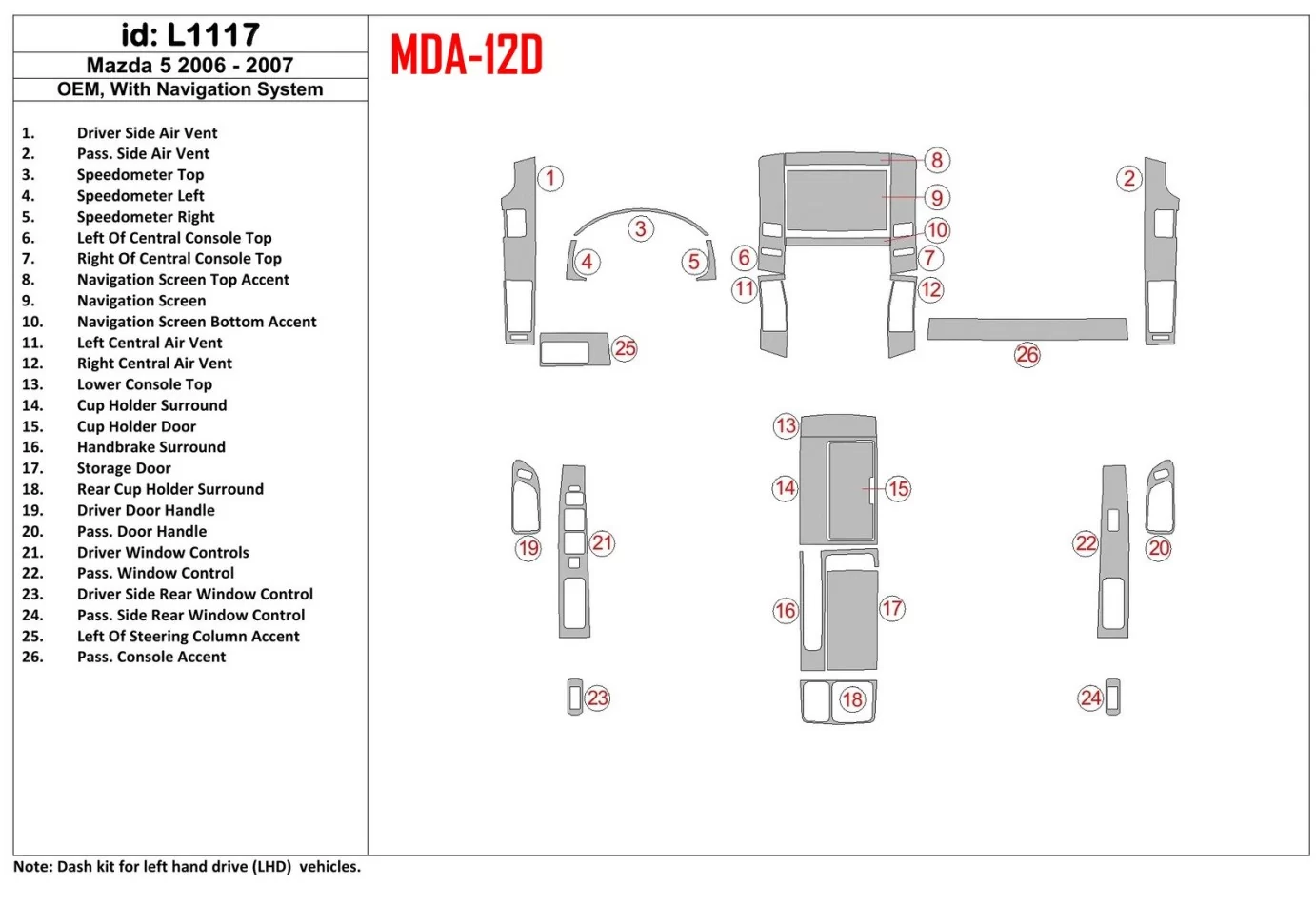 Mazda Mazda5 2006-2007 OEM, s vnútornou súpravou NAVI BD Dash Trim Kit - 1