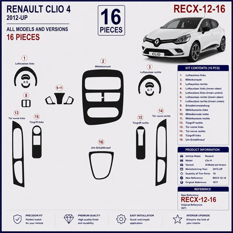 Renault Clio-4 2012+ 3D dekor palubnej dosky, 16 dielov