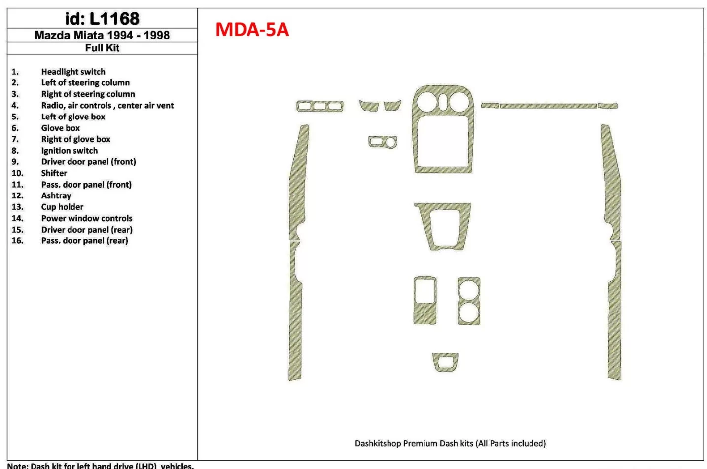 Mazda Miata 1994-1998 Kompletná sada, 16 dielov Súprava interiérovej výbavy BD Dash Dem - 1