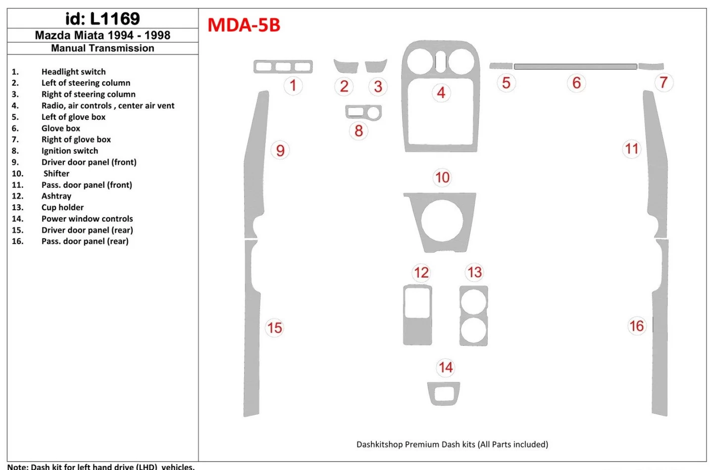 Mazda Miata 1994-1998 Kompletná sada, interiér manuálnej prevodovky BD Dash Dekor Kit - 1