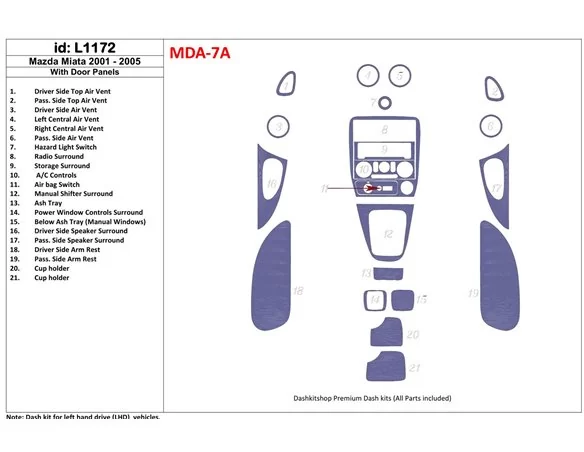 Mazda Miata 2001-2005 s panelmi dverí, 21 súprava dielov Interiér BD Dash Trim Kit - 1