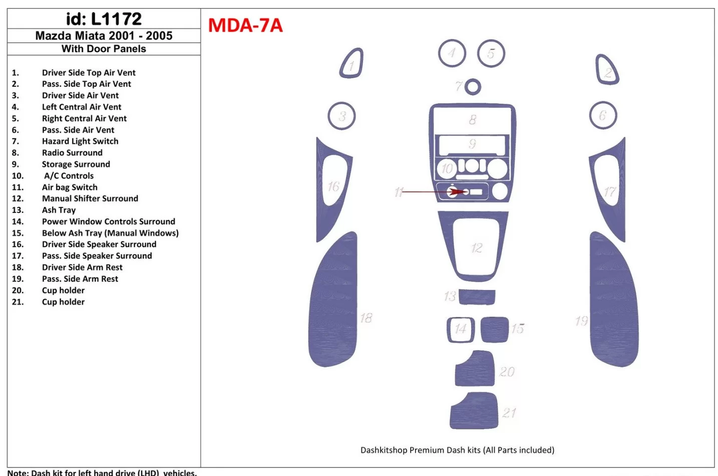 Mazda Miata 2001-2005 s panelmi dverí, 21 súprava dielov Interiér BD Dash Trim Kit - 1