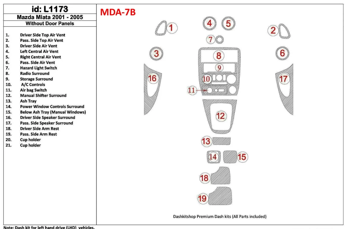 Mazda Miata 2001-2005 bez panelov dverí, sada 19 dielov Interiér BD Dash Trim Kit - 1