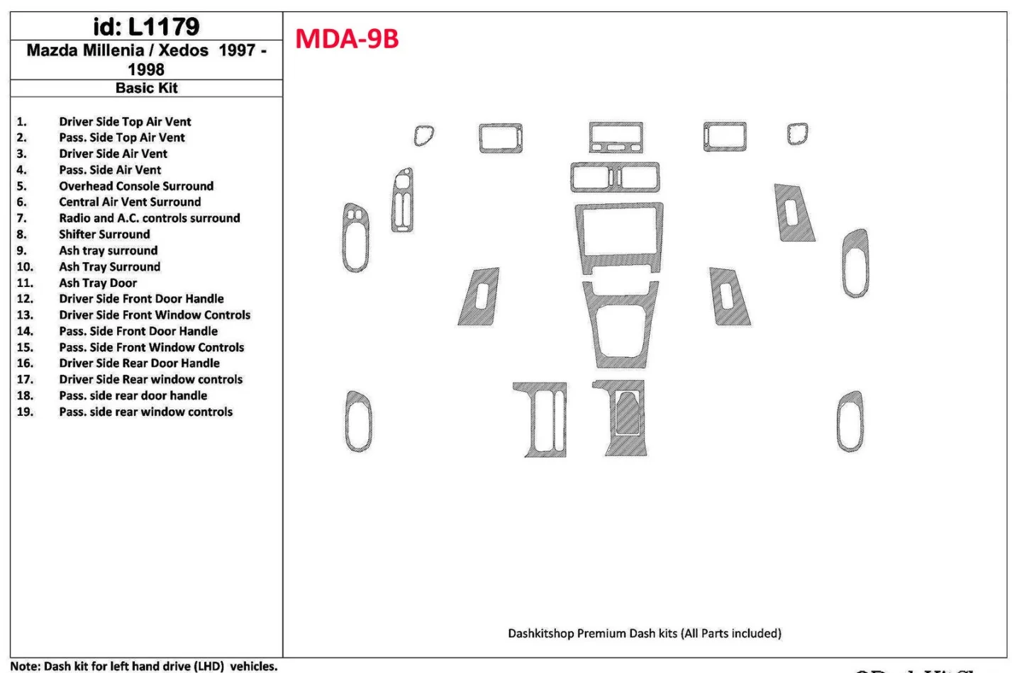 Mazda Milenia 1997-1998 Základná sada, Bez OEM, Súprava 19 dielov Interiér BD Dash Trim Kit - 1