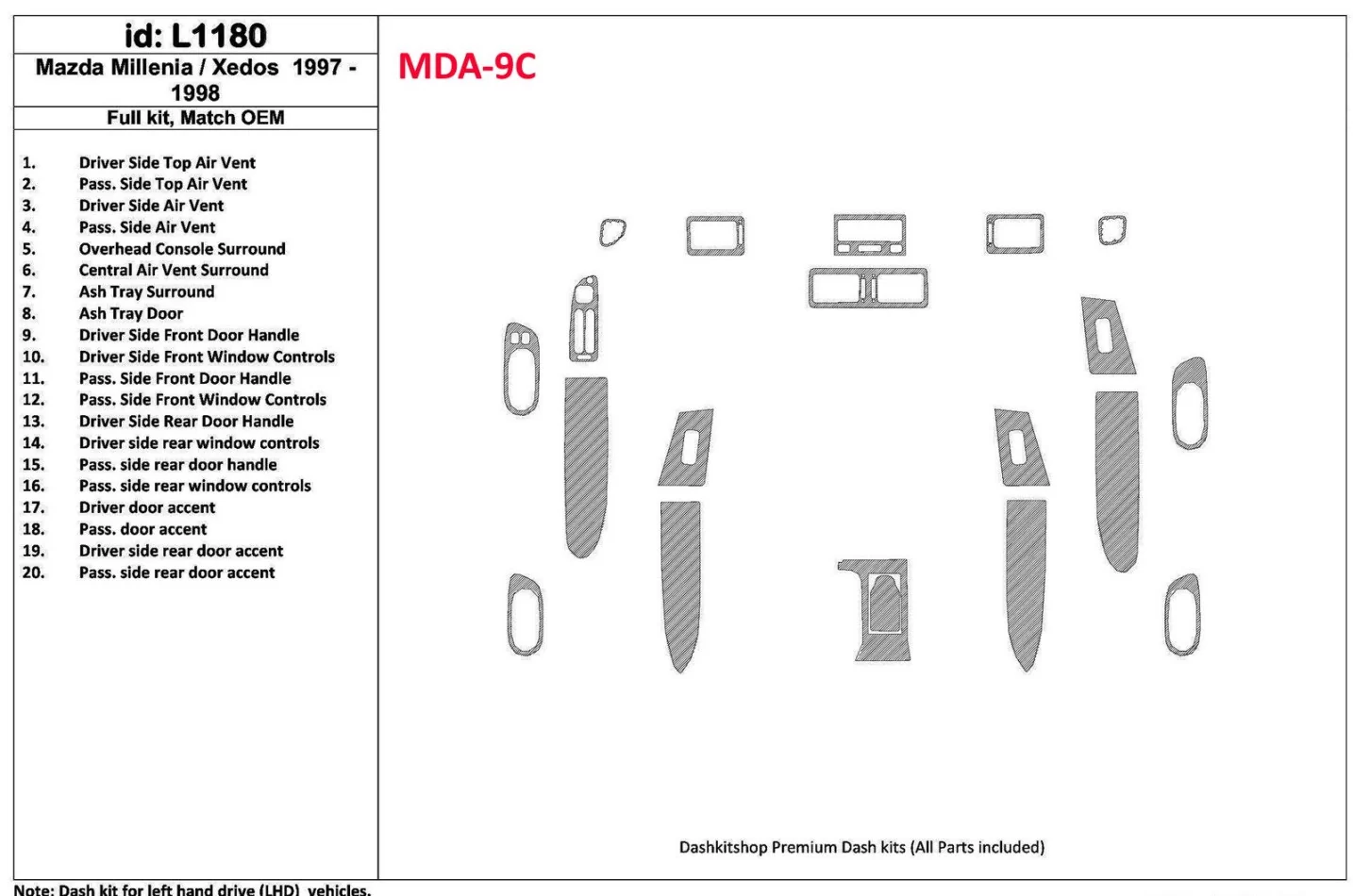 Mazda Milenia 1997-1998 Kompletná sada, zhoda OEM, sada 20 dielov Interiér BD Dash Trim Kit - 1
