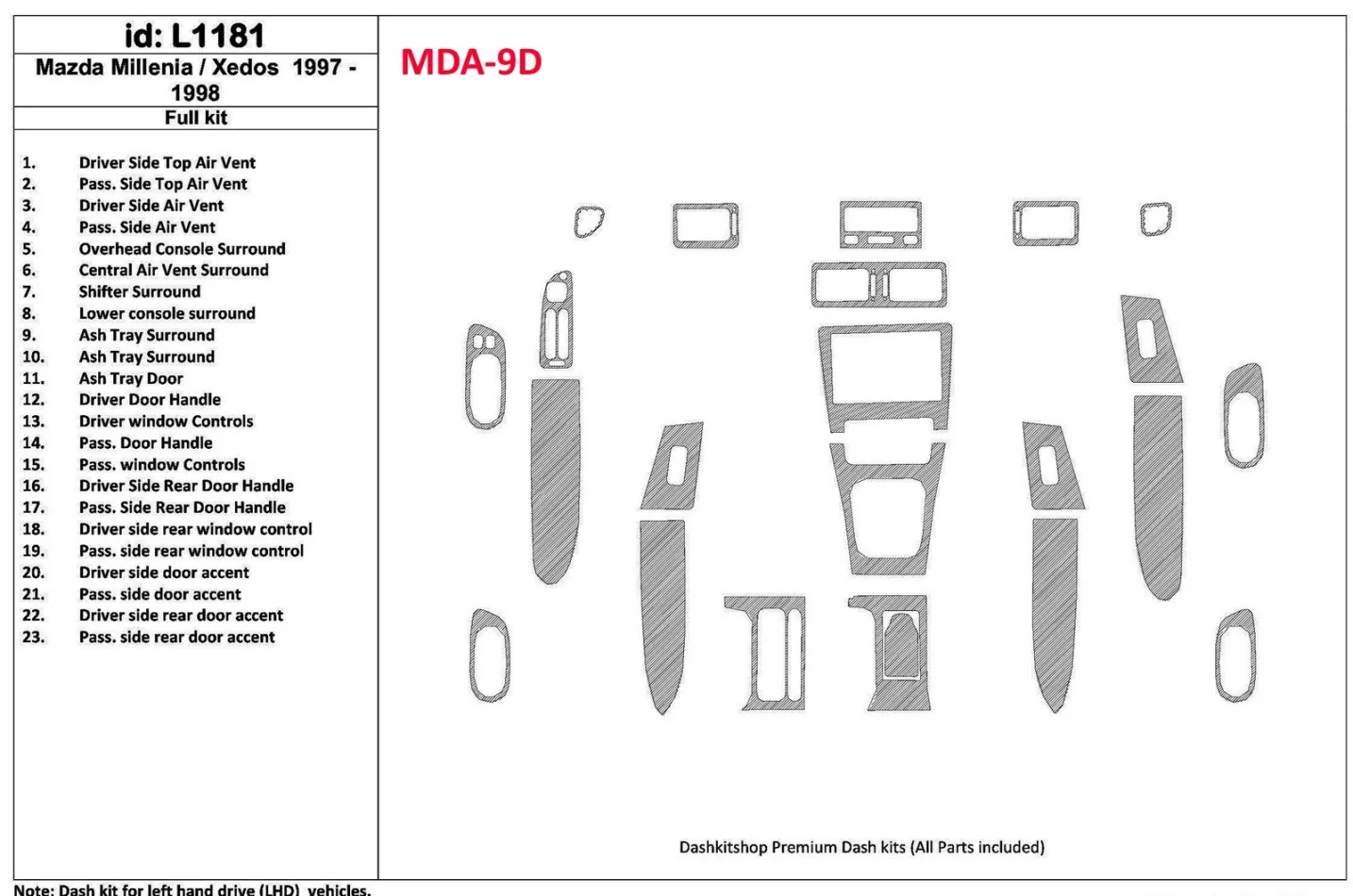 Mazda Milenia 1997-1998 bez látky, súprava 23 dielov Interiér BD Dash Trim Kit - 1