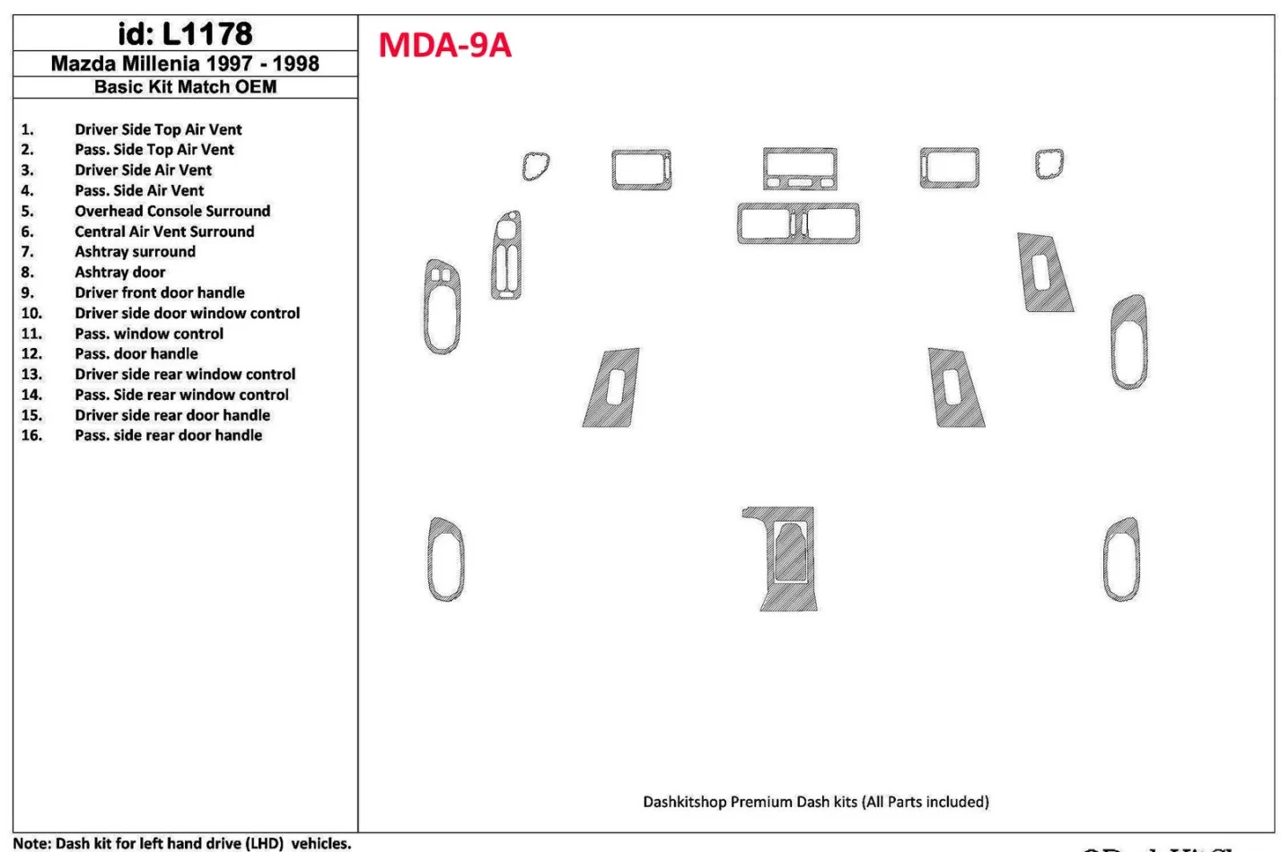 Mazda Milenia 1998-1998 Kompletná sada, zhoda OEM, sada 16 dielov Interiér BD Dash Trim Kit - 1