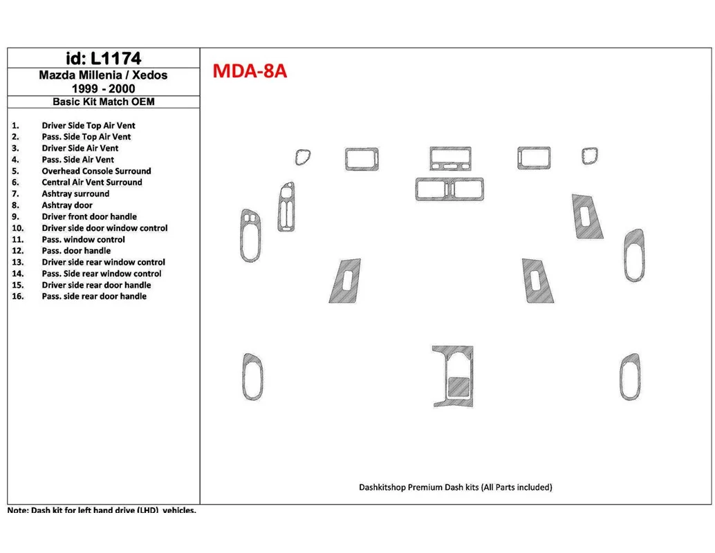 Základná sada Mazda Milenia 1999-2000, zhoda OEM, sada 16 dielov Interiér BD Dash Trim Kit - 1