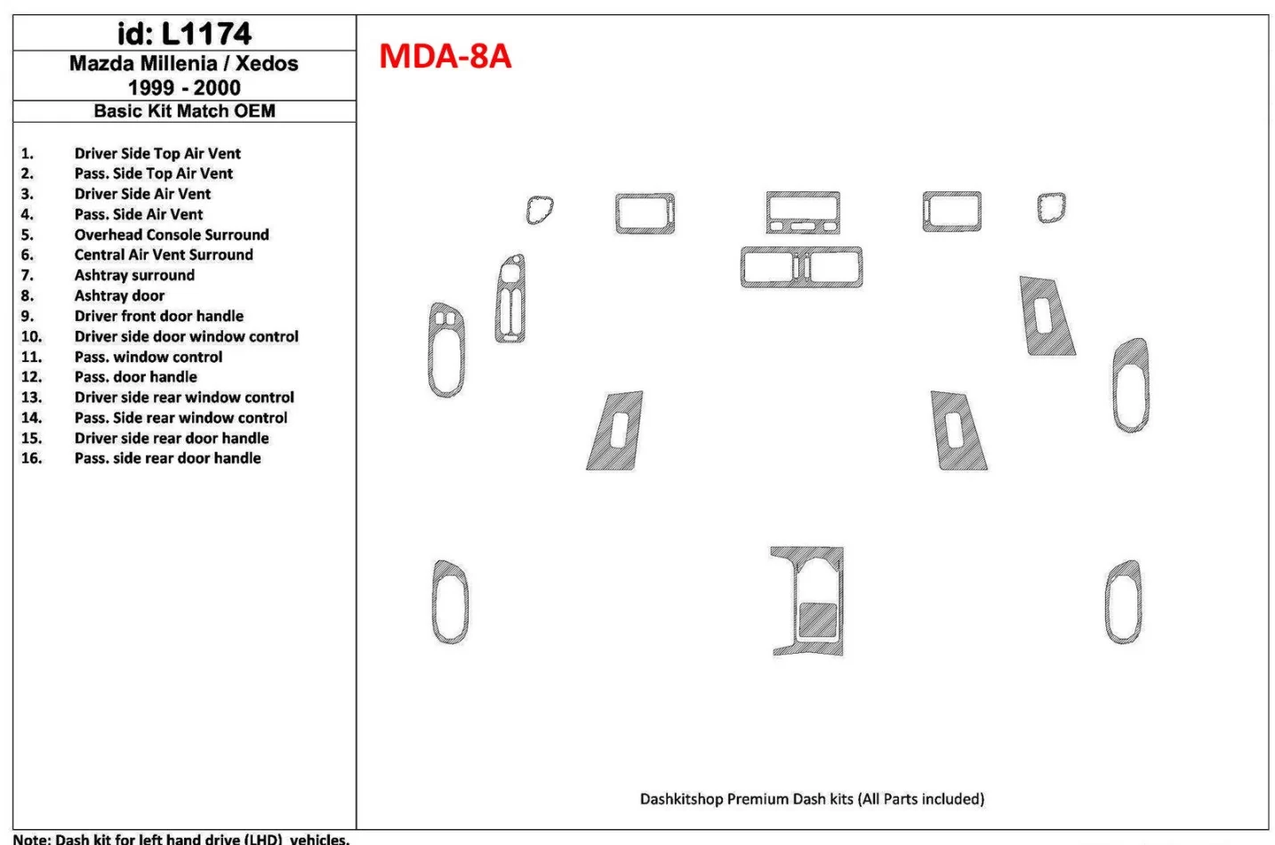 Základná sada Mazda Milenia 1999-2000, zhoda OEM, sada 16 dielov Interiér BD Dash Trim Kit - 1