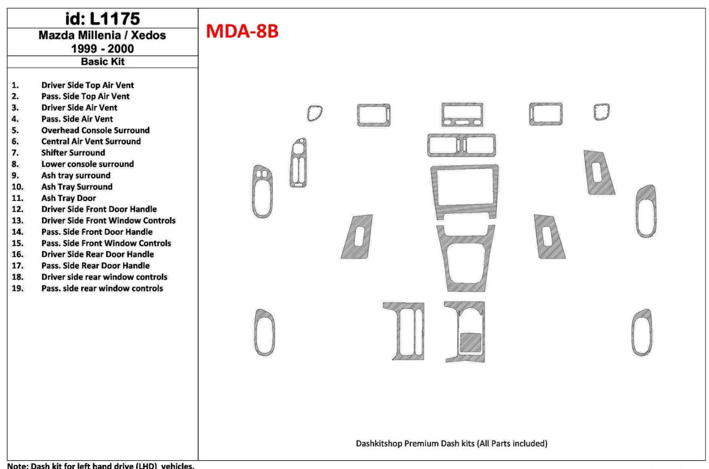 Základná sada Mazda Milenia 1999-2000, bez OEM, sada 19 dielov Interiér BD Dash Trim Kit - 1