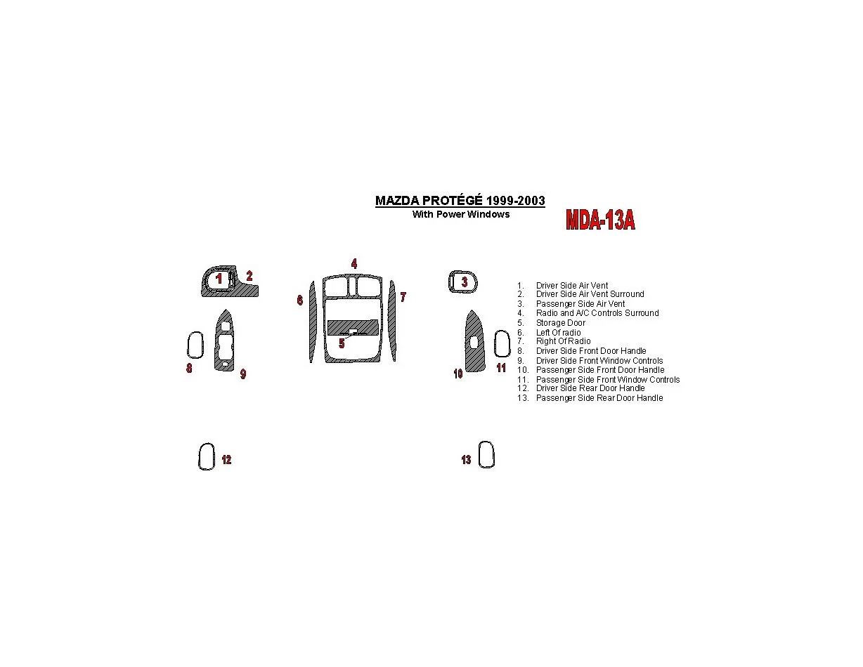 Mazda Protege 1999-UP s Power Windows 13 Súprava dielov Interiér BD Dash Trim Kit - 1