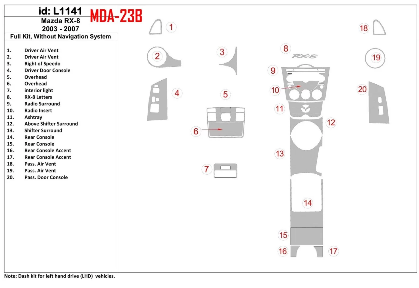 Mazda RX-8 2003-2007 Kompletná sada, bez systému NAVI Interiér BD Dash Trim Kit - 1