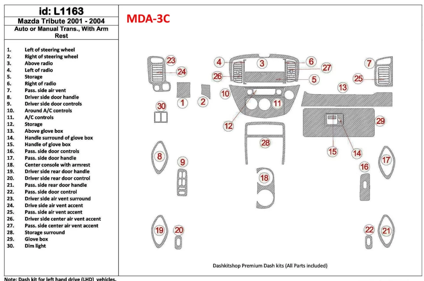 Mazda Tribute 2001-2004 Automatická alebo manuálna prevodovka, s interiérom konzoly lakťovej opierky BD Dash Trim Kit - 1