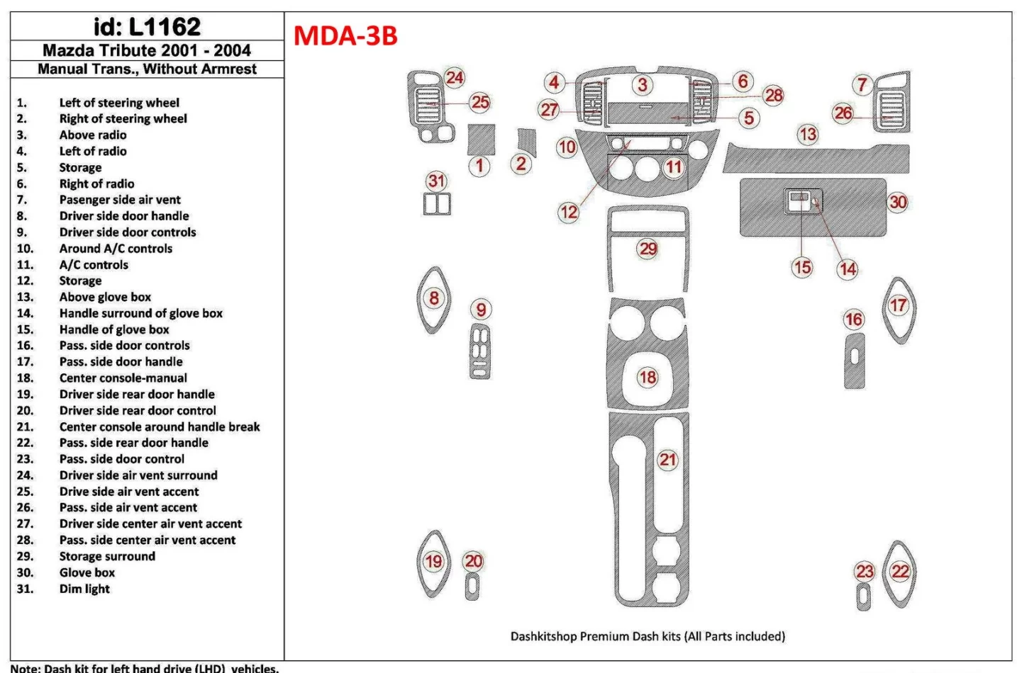 Mazda Tribute 2001-2004 Manuálna prevodovka, Bez lakťovej opierky Interiér konzoly BD Dash Trim Kit - 1