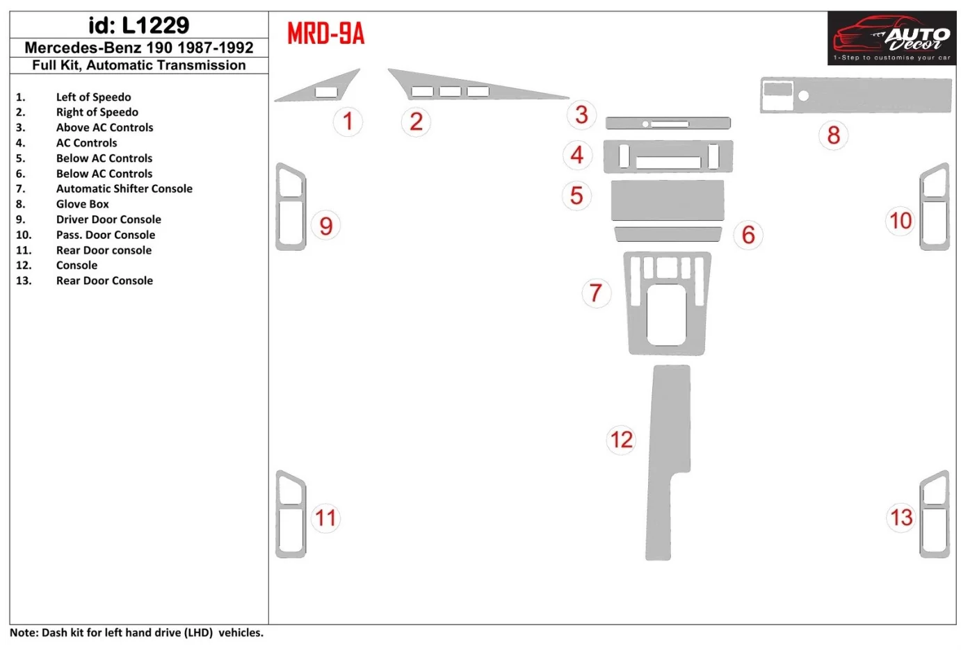 Mercedes Benz 190 1987-1992 Kompletná súprava interiéru automatickej prevodovky BD Dash Trim Kit - 1