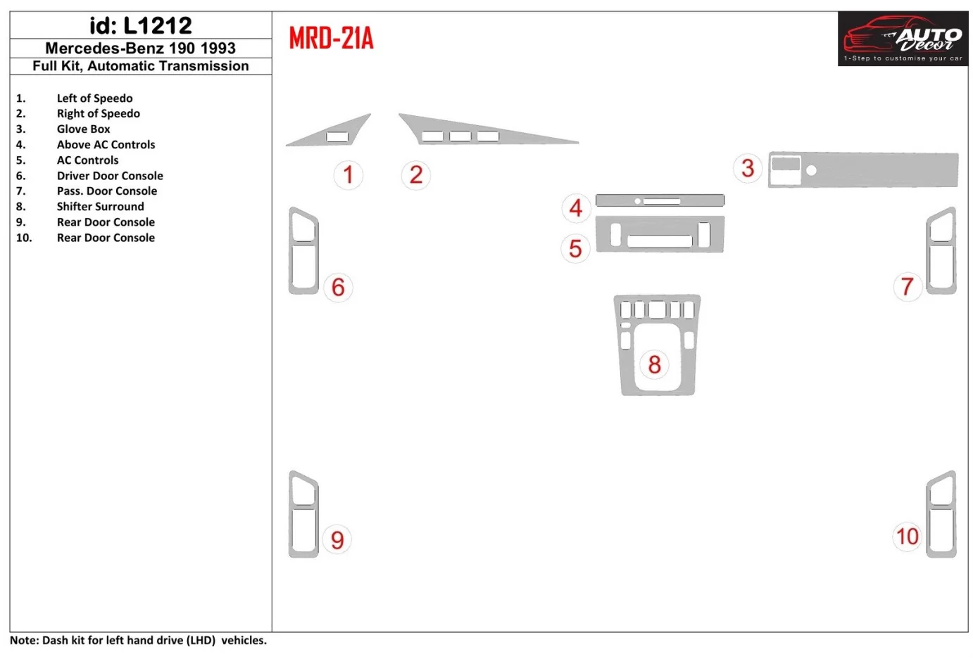 Mercedes Benz 190 1993-1993 Kompletná sada, interiér manuálnej prevodovky BD Dash Trim Kit - 1