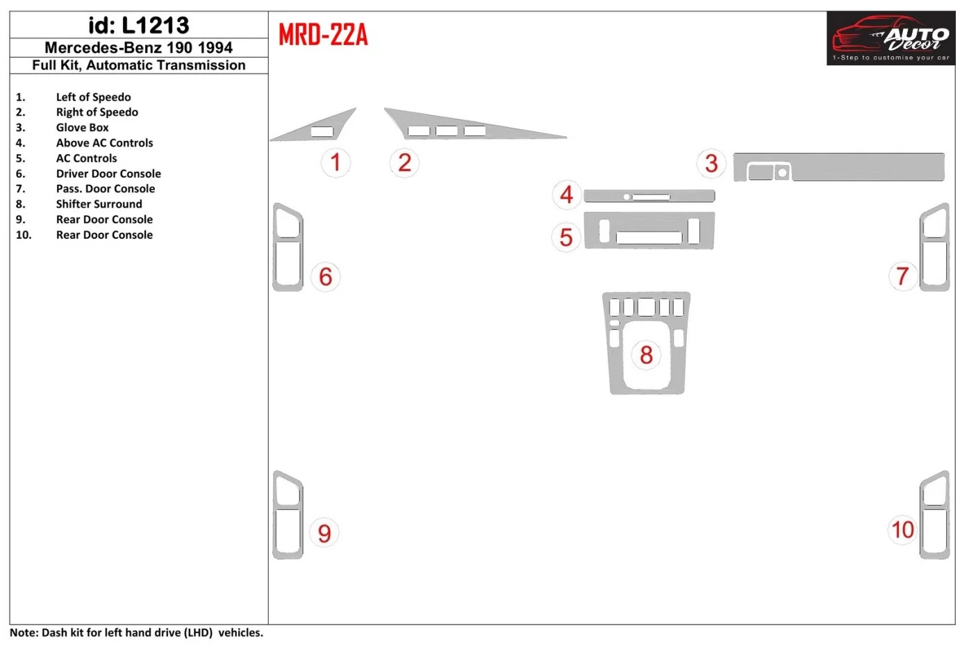 Mercedes Benz 190 1994-1994 Kompletná sada, interiér manuálnej prevodovky BD Dash Trim Kit - 1