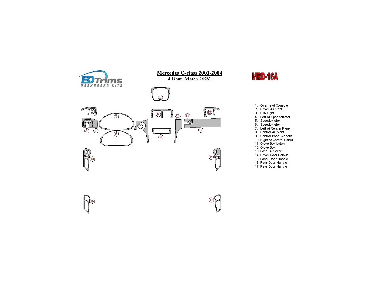 Mercedes Benz C Trieda 2001-2004 4 dvere, OEM zhoda interiéru BD Dash Trim Kit - 1