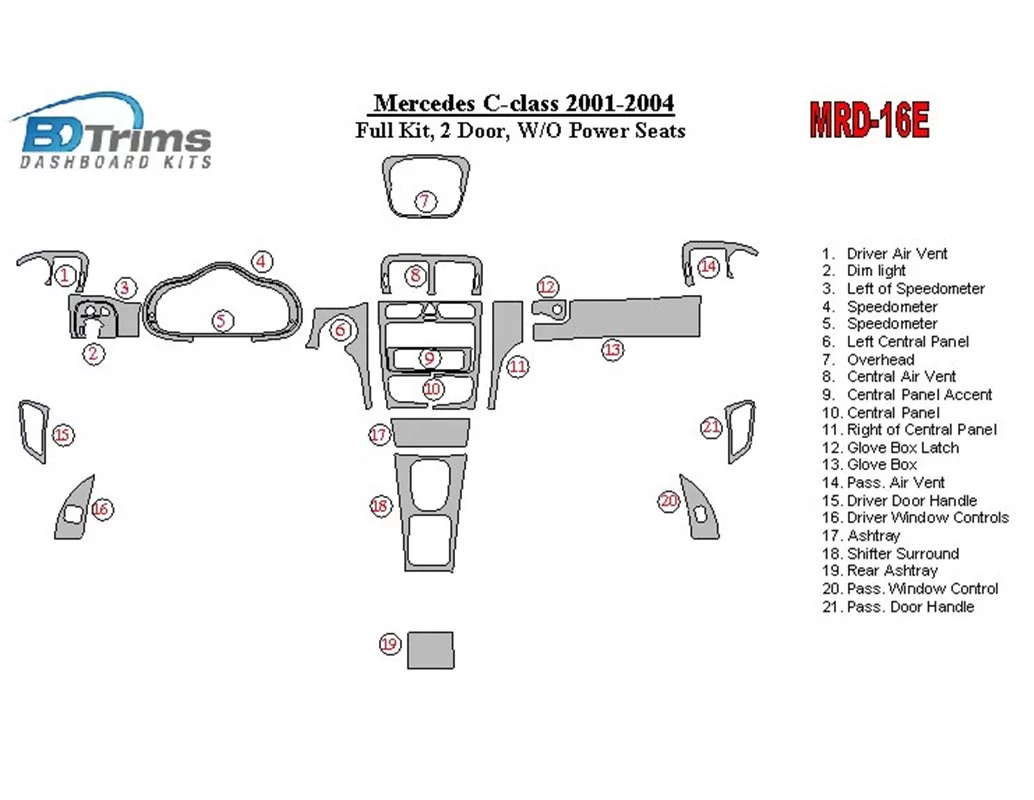 Mercedes Benz C Class 2001-2004 Kompletná sada, 2 dvere, OEM zhoda, W/O elektricky ovládané sedadlá Interiér BD Dash Trim Kit - 