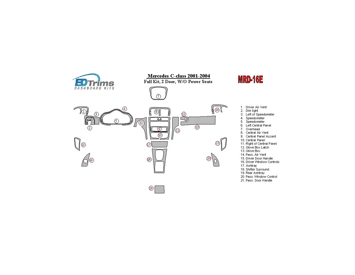 Mercedes Benz C Class 2001-2004 Kompletná sada, 2 dvere, OEM zhoda, W/O elektricky ovládané sedadlá Interiér BD Dash Trim Kit - 