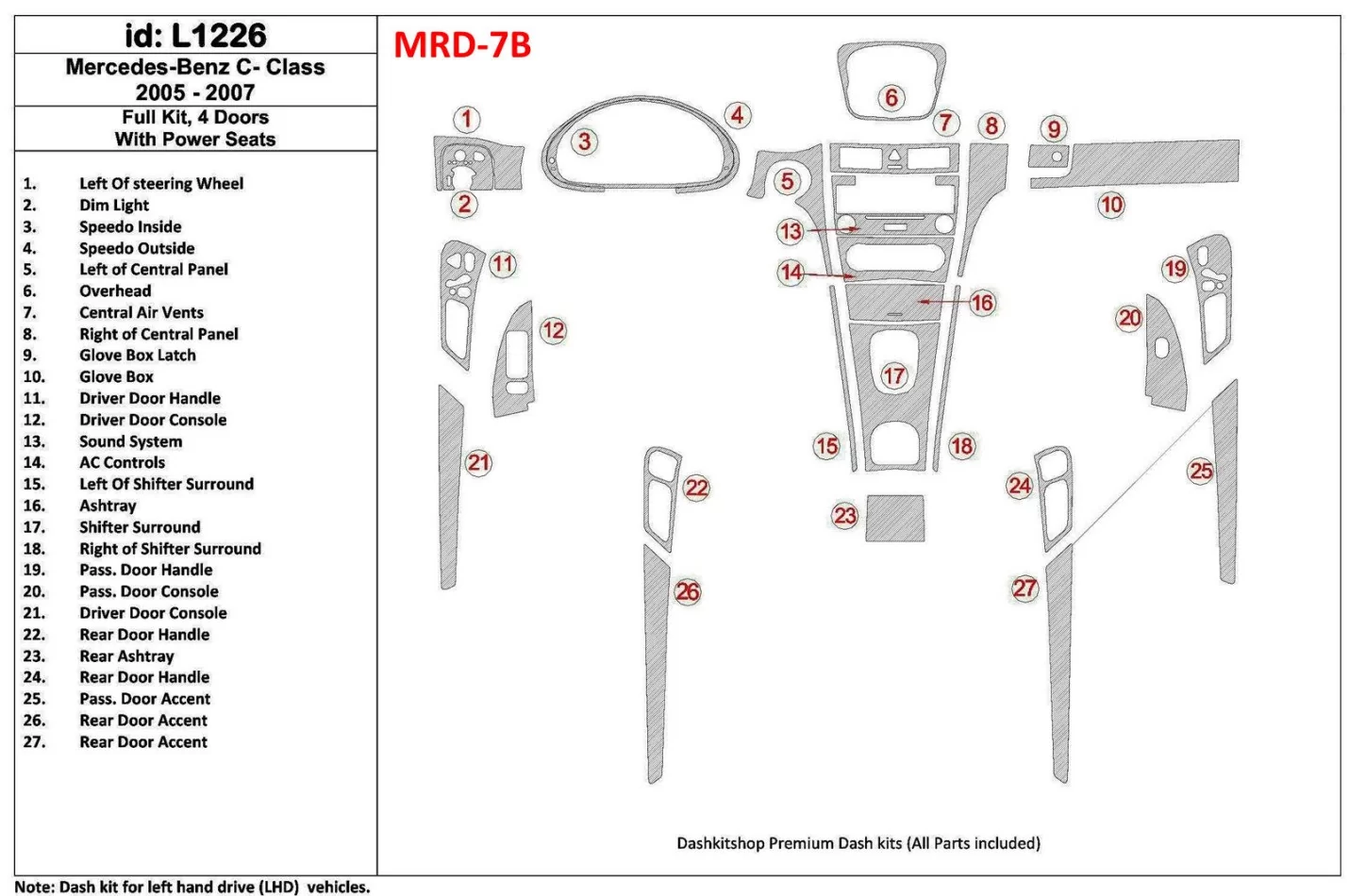 Mercedes Benz C Class 2005-2007 Kompletná sada, 4-dverové kupé, s elektricky ovládanými sedadlami v interiéri BD Dash Dem Kit - 