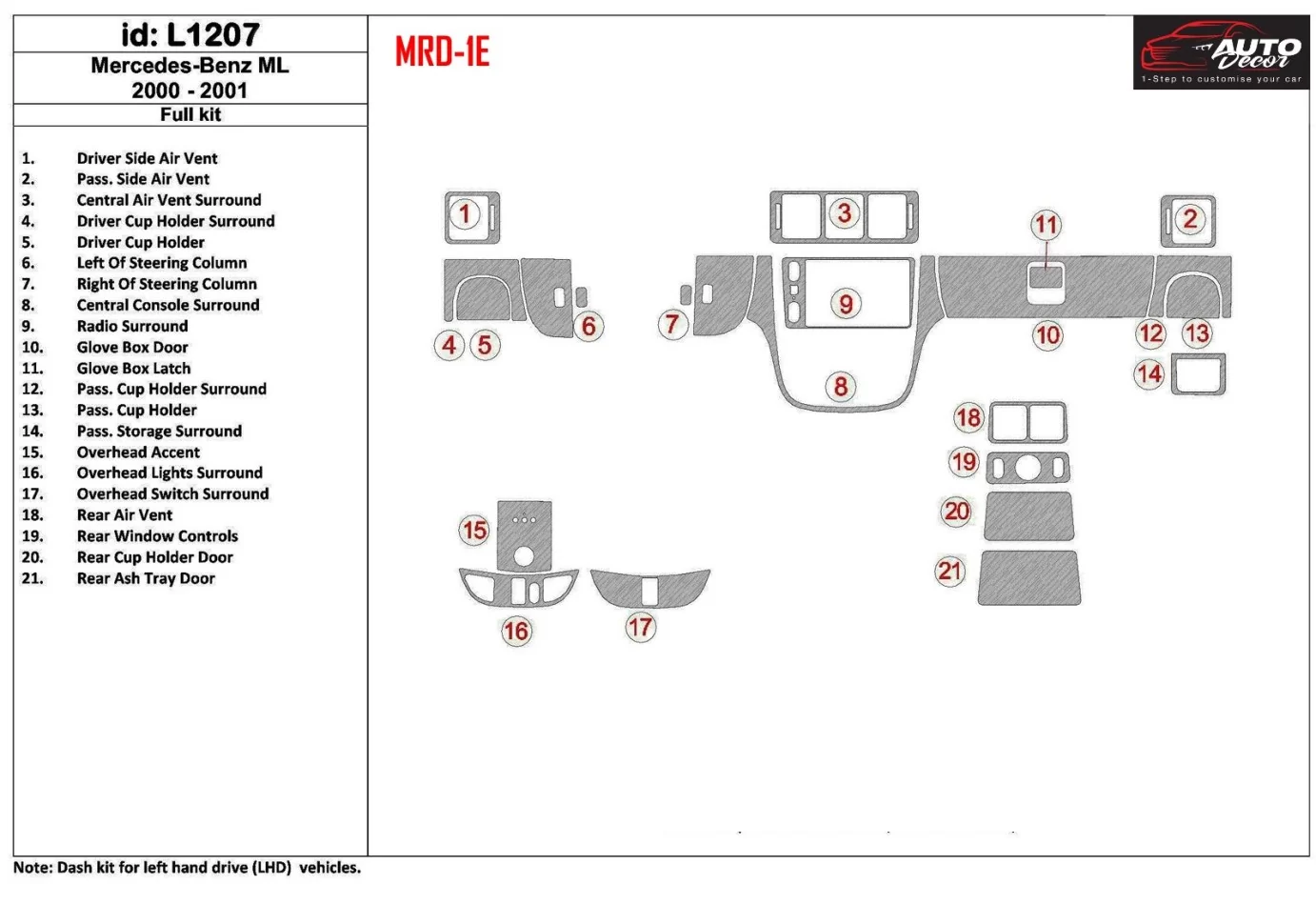 Súprava dverí Mercedes Benz M triedy 2000-2001 Súprava interiérových obložení palubnej dosky BD - 1