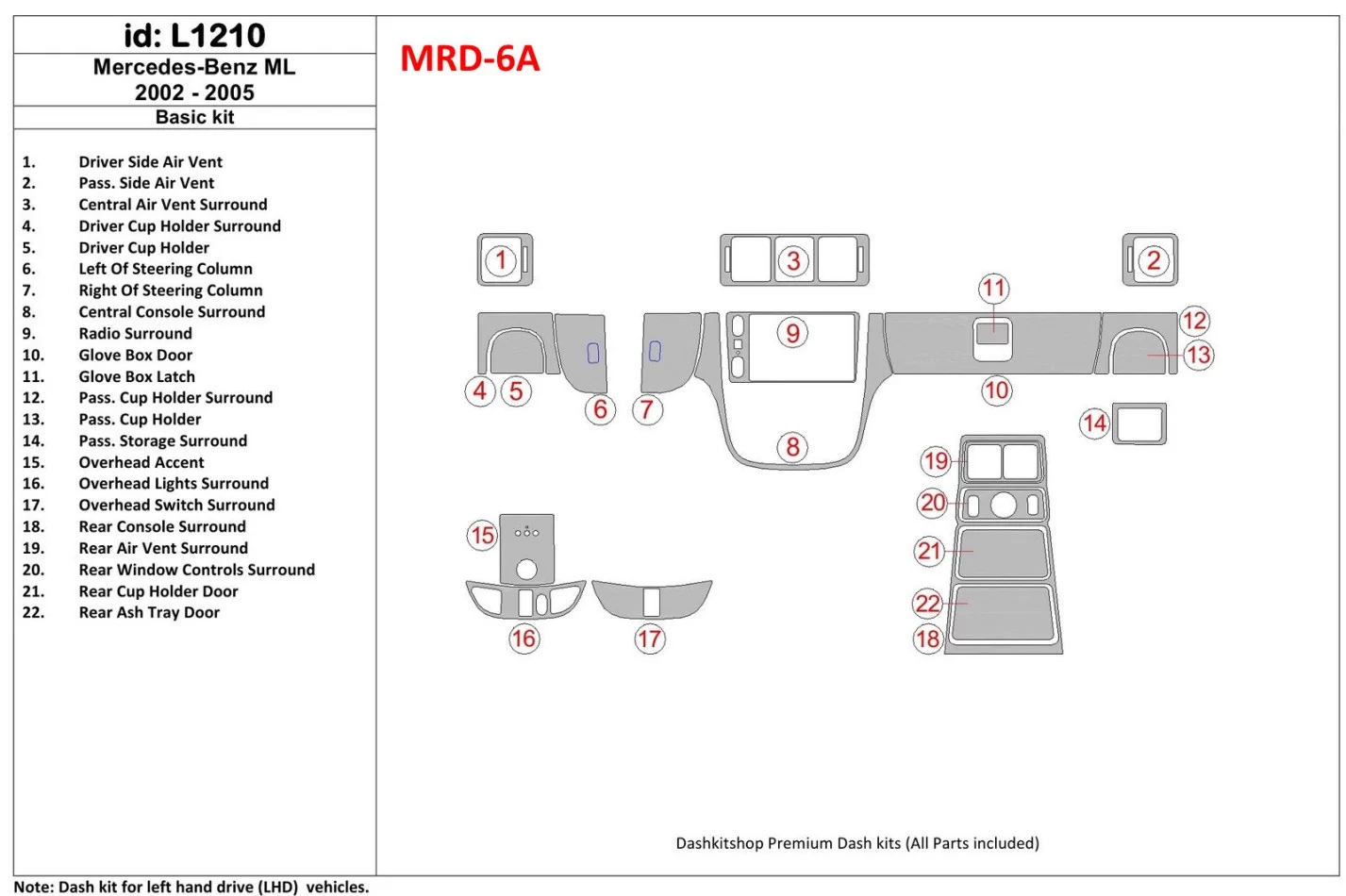Mercedes Benz M Class 2002-2005 Základná súprava interiéru Súprava obloženia palubnej dosky BD - 1