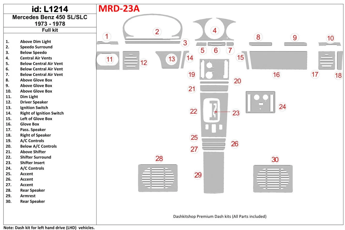 Mercedes Benz R107 450 SL/SLC 1973-1978 Kompletná súprava interiéru BD Dash Trim Kit - 1