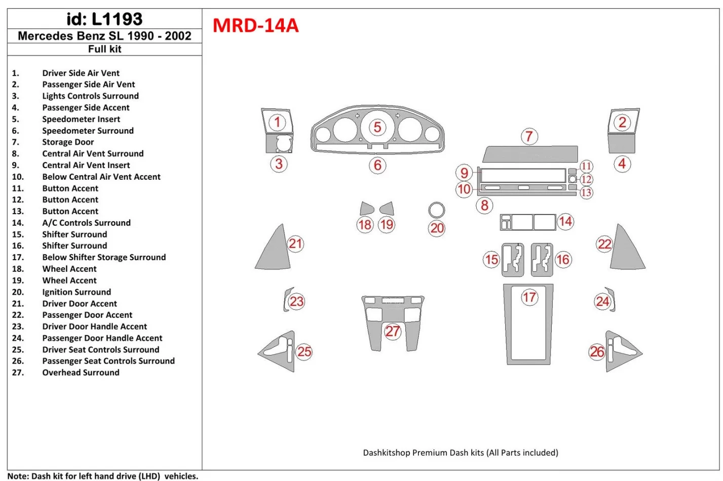 Mercedes Benz R129 SL Trieda 1990-2002 Kompletná súprava interiéru BD Dash Trim Kit - 1