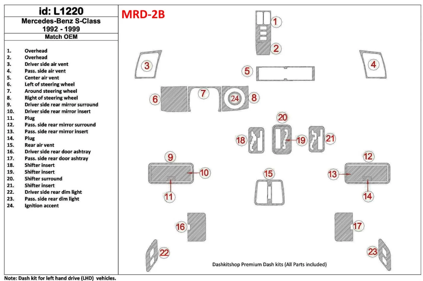 Mercedes Benz Trieda S 1992-1999 Kompletná sada, OEM zhoda interiéru BD Dash Trim Kit - 1