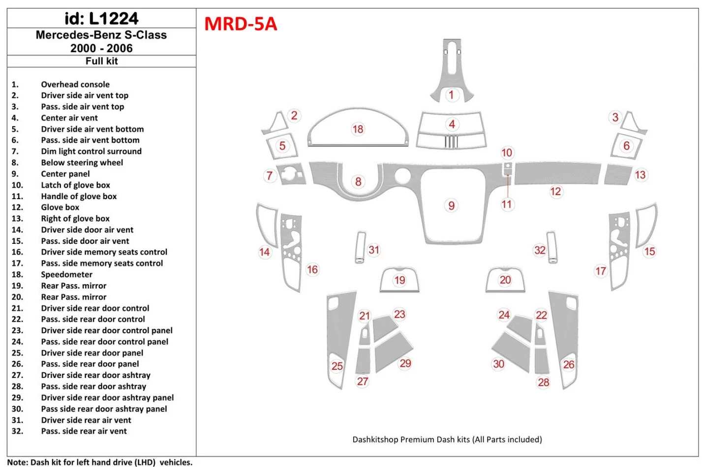 Mercedes Benz S Class W220 2000-2006 OEM zhoda interiéru BD Dash Trim Kit - 1
