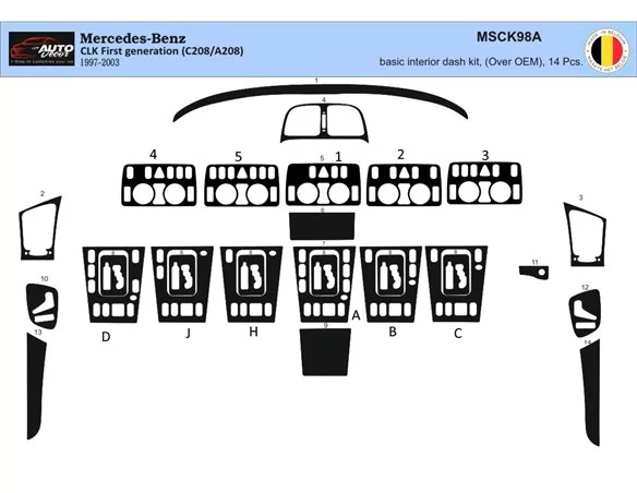 Mercedes Benz W208 CLK-Cabrio 1997–2003 Súprava obloženia palubnej dosky 3D interiéru Dekorácia palubnej dosky 19 dielov - 1