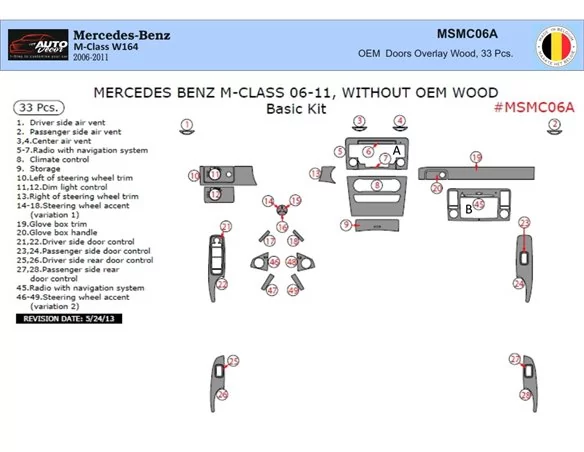 Mercedes ML-Class W164 2006-2011 3D súprava obloženia palubnej dosky interiéru 33-dielna súprava obloženia palubnej dosky - 1