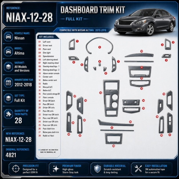Nissan Altima 2009–2013 3D sada dekorov interiéru palubnej dosky 34-dielna
