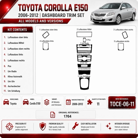 Toyota Corolla E150 2006–2012 3D sada dekorov interiéru palubnej dosky 11-dielna