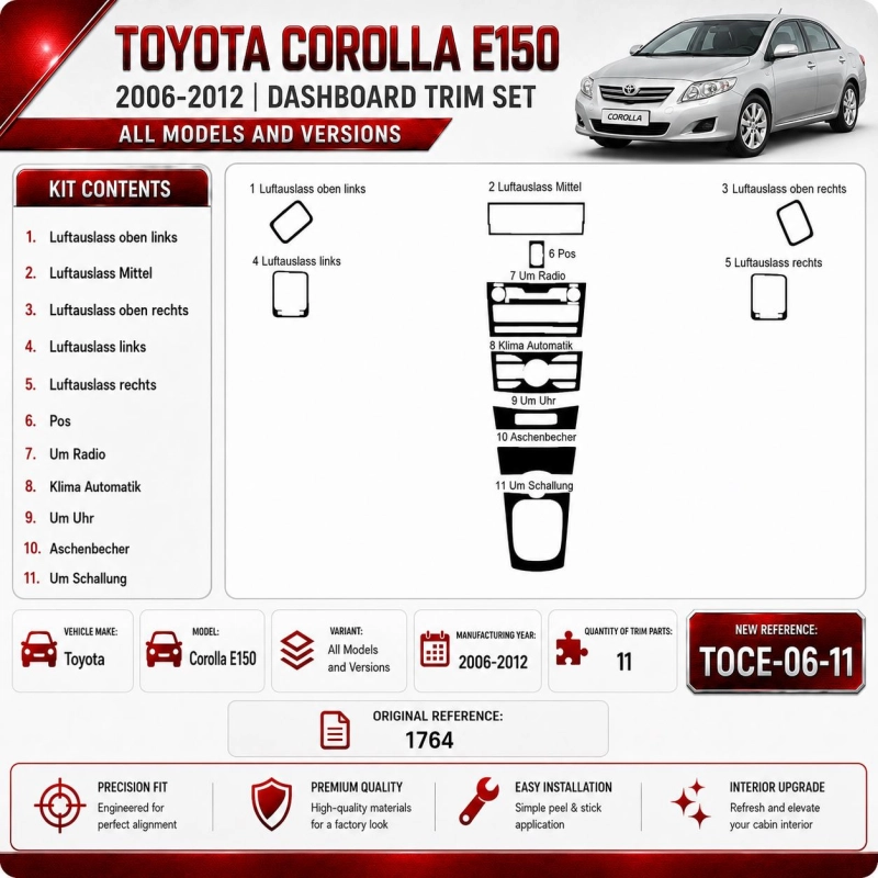 Toyota Corolla E150 2006–2012 3D sada dekorov interiéru palubnej dosky 11-dielna