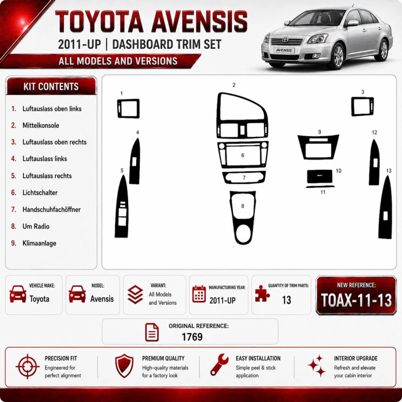 Toyota Avensis od 2011 3D sada dekorov interiéru palubnej dosky 13-dielna
