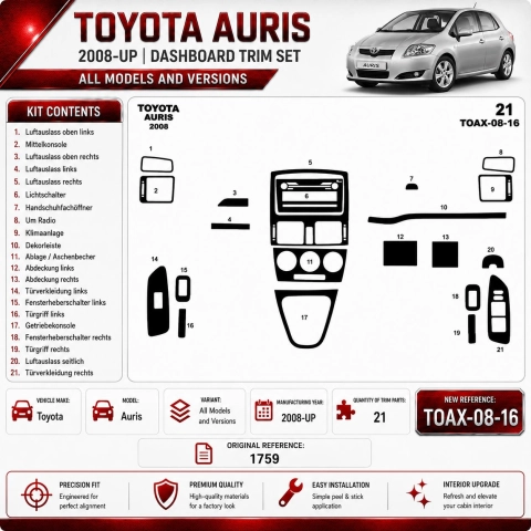 Toyota Auris od 2008 3D sada dekorov interiéru palubnej dosky 16-dielna
