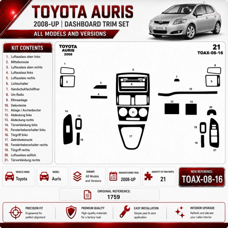 Toyota Auris od 2008 3D sada dekorov interiéru palubnej dosky 16-dielna