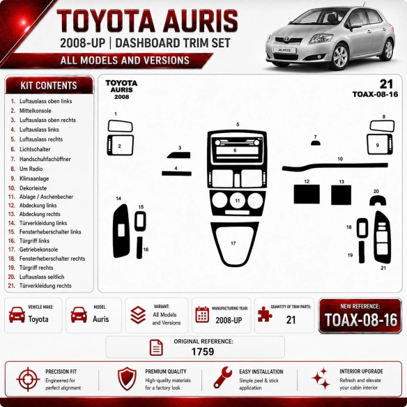 Toyota Auris od 2008 3D sada dekorov interiéru palubnej dosky 16-dielna